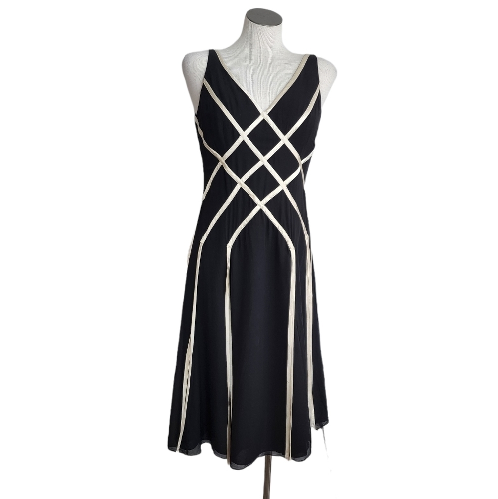 Papell Boutique V - Neck Black Evening Silk Waterfall Ribbon Detail Dress Size 8